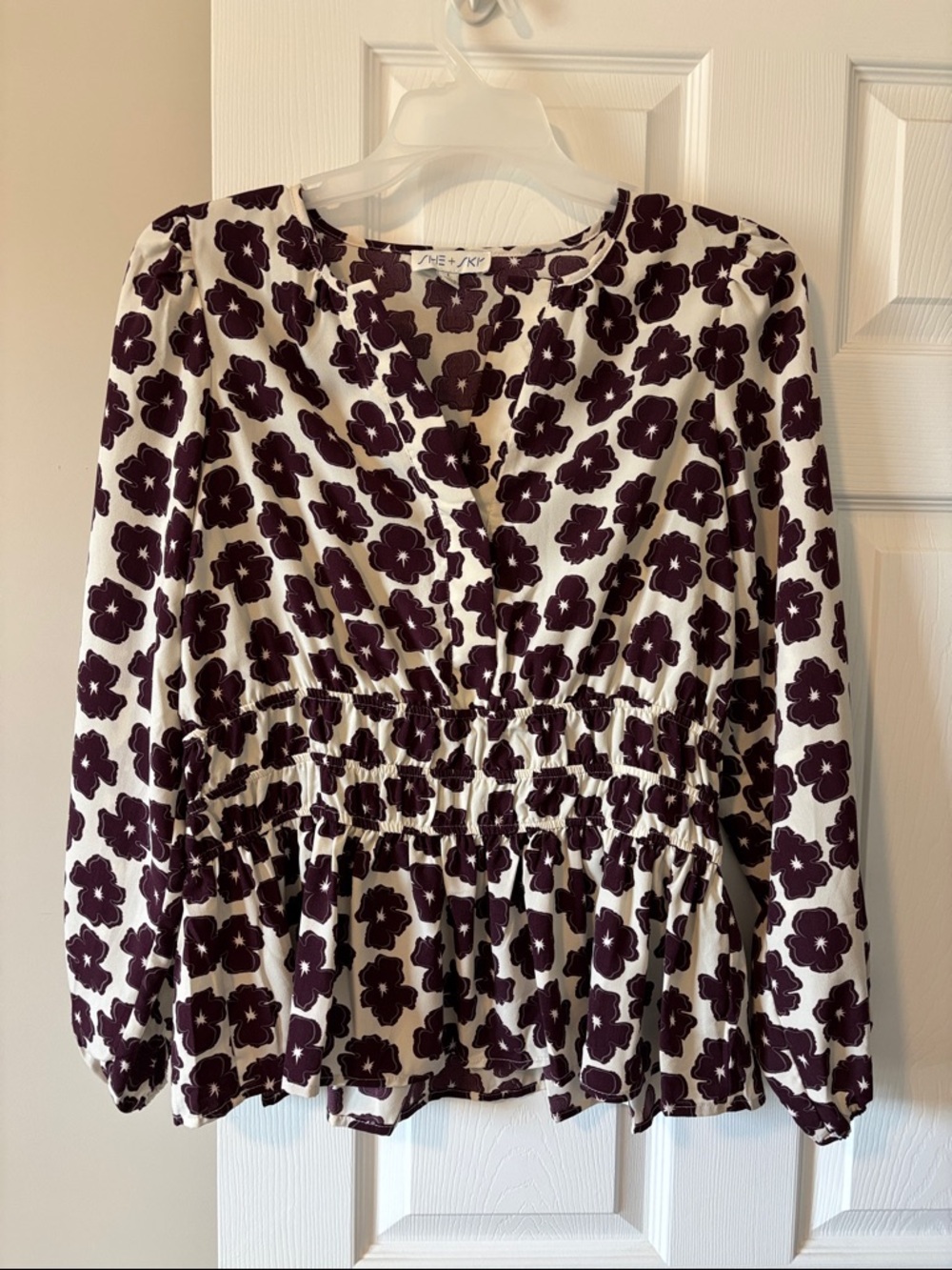 She and Sky White Blouse with Dark Plum Floral Print